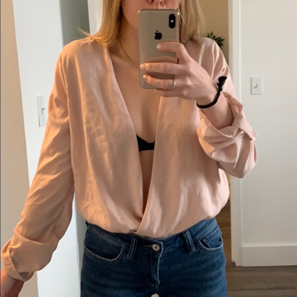 Long sleeve bodysuit blouse plunging neck